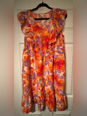 Terra & Sky Sz 0X (14W) Orange, Purple and Cream Floral Ruffle Sundress